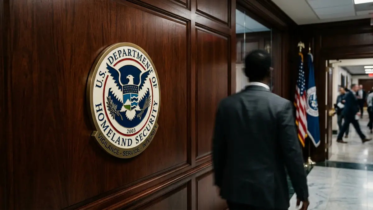 The Department of Homeland Security seal on a wall with a blurred figure walking past.