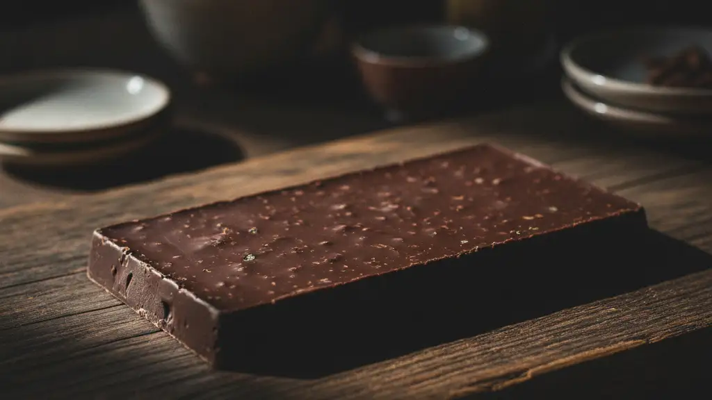 A luxurious dark chocolate bar with mint hints, dramatically lit on a rustic wooden surface.