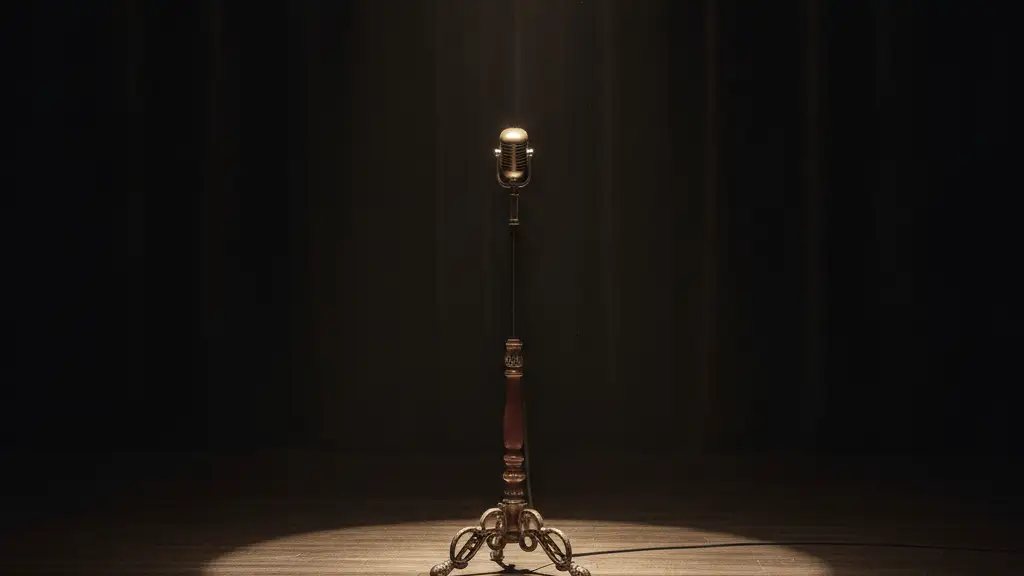 A single microphone stand on an empty, spotlighted dance floor.