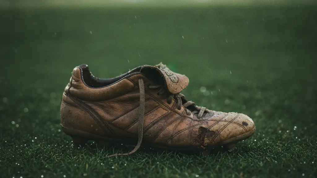 A lone, worn football boot on a wet, dimly lit football pitch at dusk.