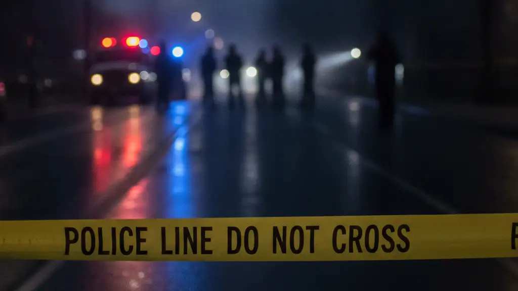 Yellow police tape in foreground, blurred emergency lights reflecting on wet road.