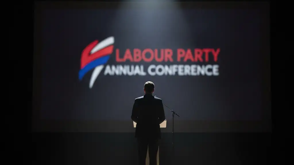 Silhouetted figure on stage, facing a blurred Labour Party conference backdrop.