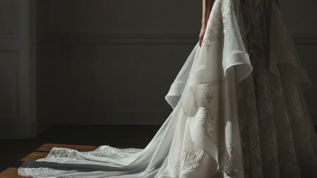 Close-up of a custom Balenciaga wedding gown, intricate fabric, elegant train on floor.