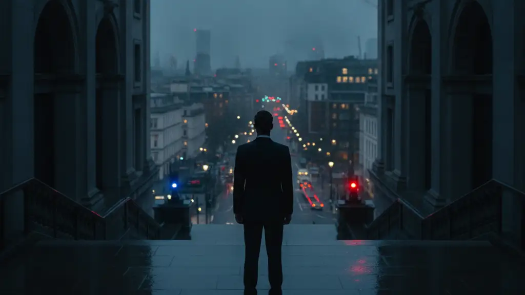 Silhouetted figure on grand steps overlooking London cityscape at dusk.