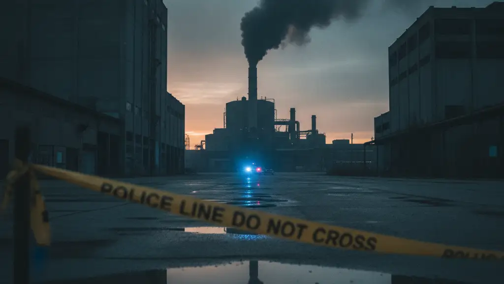 Smoke rising from an industrial complex at dawn, police tape in foreground.