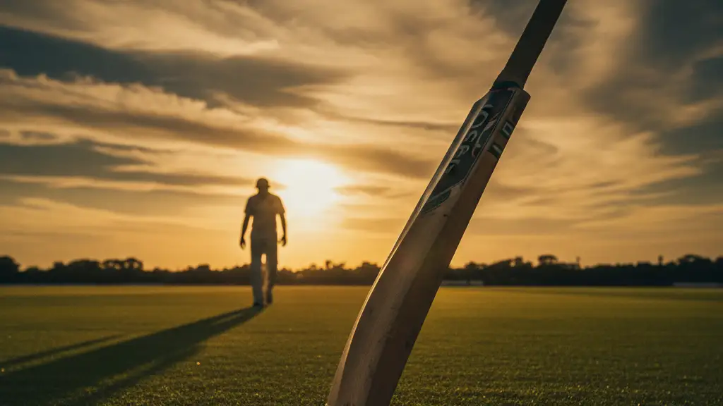 Cricket bat resting on boundary rope, silhouetted player walking off field.