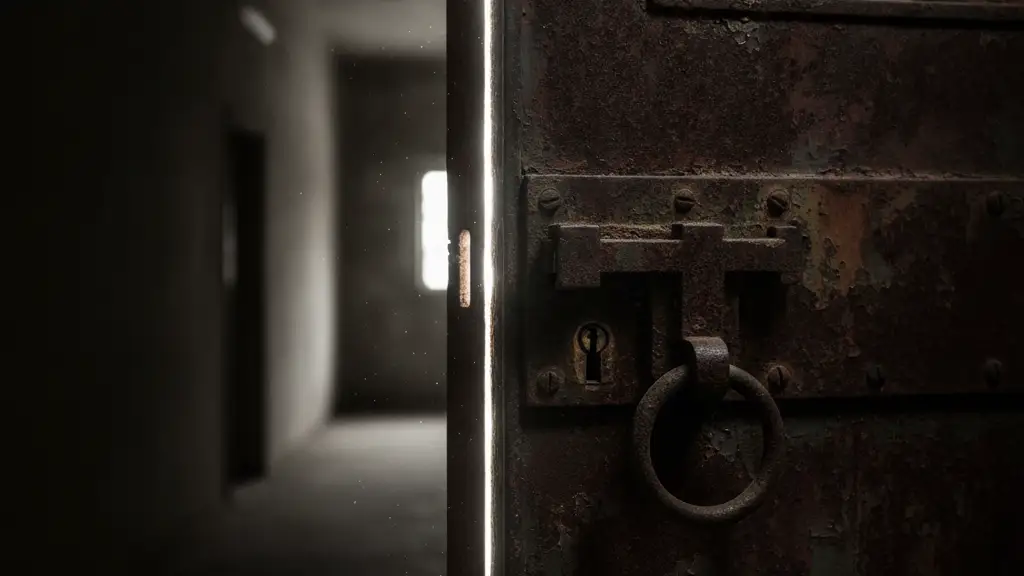 A slightly ajar, rusted prison cell door with a sliver of light escaping.