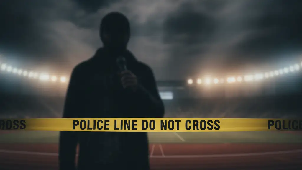 Police tape at a stadium, blurred figure with microphone in foreground.