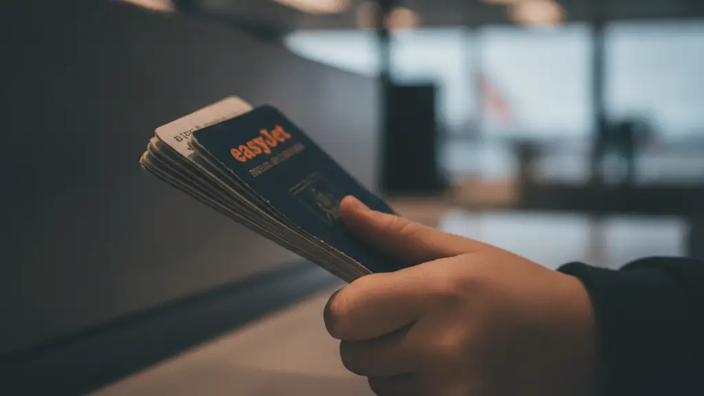 Child's hand clutching a passport at an airport gate with easyJet logo in background.
