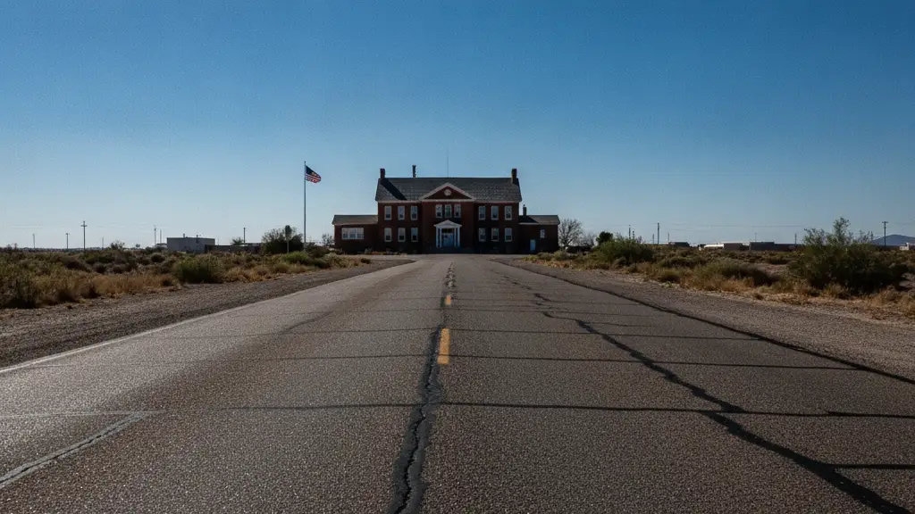 Heat haze shimmers above a hot asphalt road, distorting a distant building.