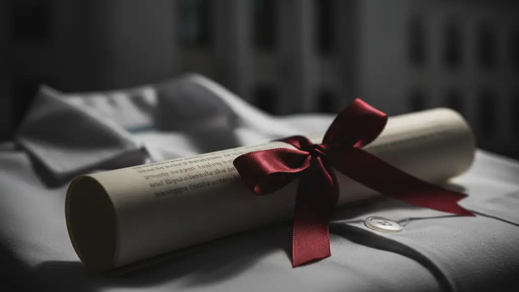A blurred medical degree scroll on a white lab coat, hinting at a medical career.
