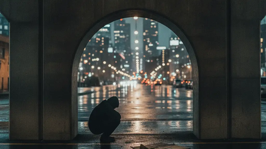 Silhouetted figure under a bridge, city lights reflecting on wet pavement.