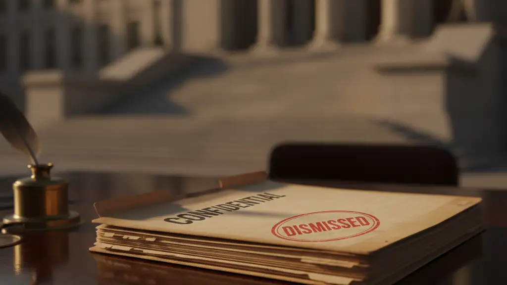 A 'CONFIDENTIAL' file with a 'DISMISSED' stamp on a judge's desk.
