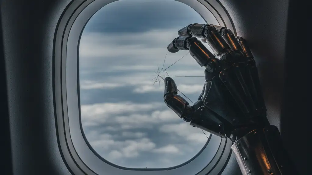 A gloved hand gripping an airplane window, implying a struggle mid-flight.