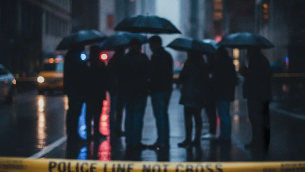 Emergency lights reflect on a wet street with police tape and blurred crowd.