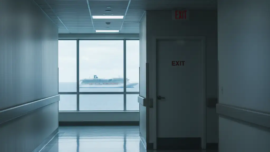 Empty, sterile hospital corridor with a blurred cruise ship visible through a distant window.
