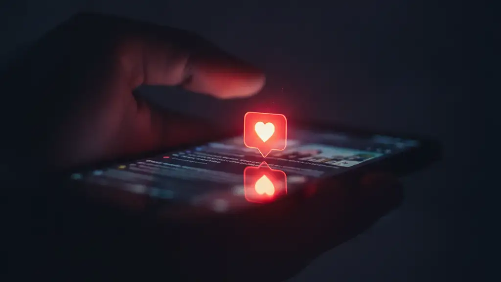 Blurred smartphone screen with a glowing 'like' icon, held by a silhouetted hand.