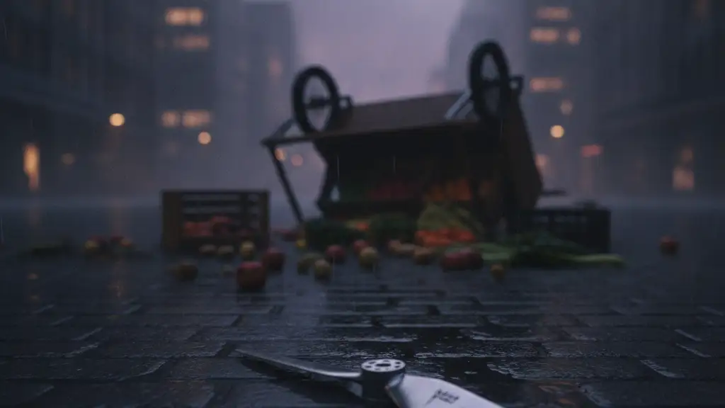 Overturned street vendor cart with scattered produce and a drone propeller on wet pavement.