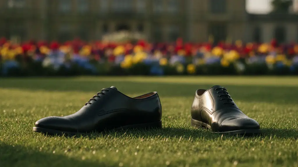 Polished black dress shoes on a lawn, blurred flower show in background.