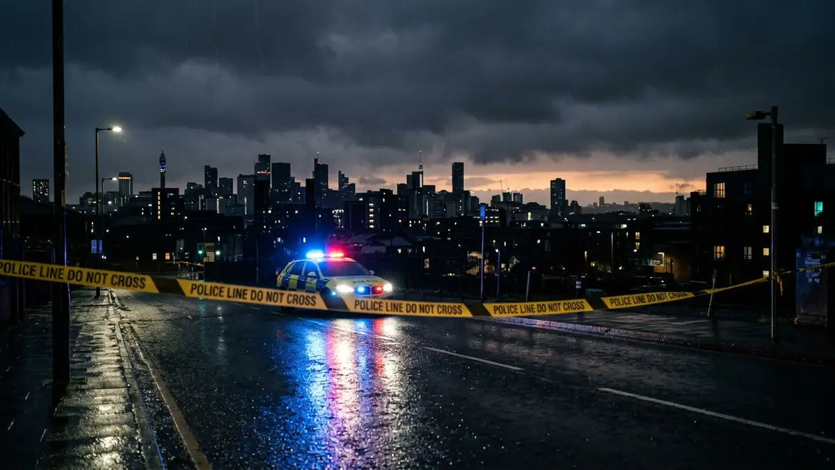 Emergency lights reflecting on a wet city street at night with a distant orange glow.