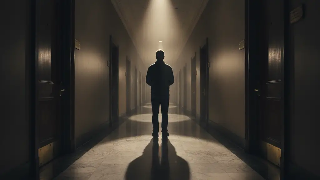 Silhouetted figure in a long, dimly lit government corridor, dramatic shadows.