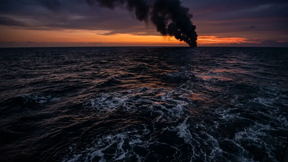 Dark ocean water with a distant plume of black smoke on the horizon at sunset.