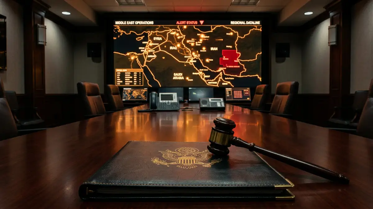 A brass gavel and briefing folder on a desk before a glowing map of Iran.