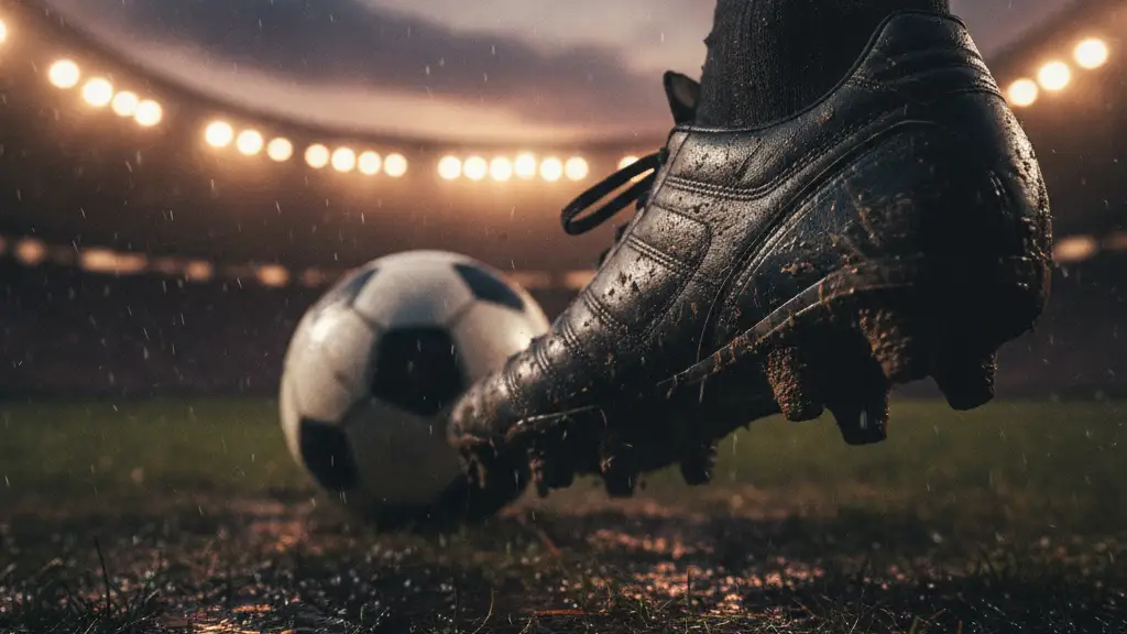 A football boot making contact with a blurred football on a dimly lit pitch.