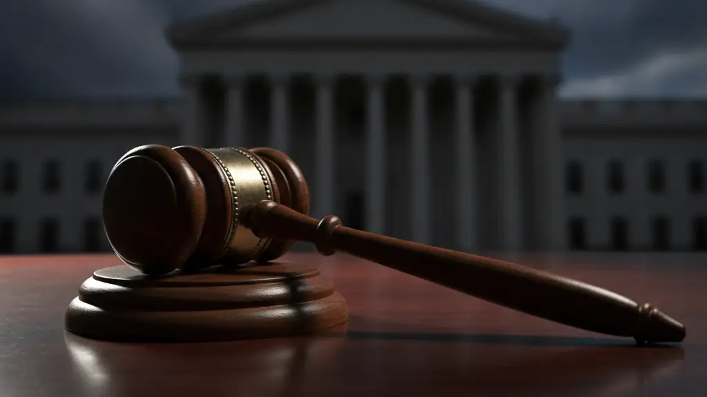 Heavy wooden gavel on a polished desk, blurred silhouette of a grand building.