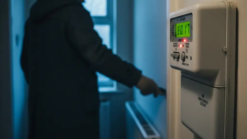 Close-up of a digital utility meter with a person in winter clothing in the background.