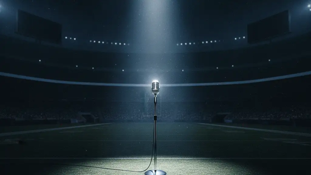 A lone microphone stand under a spotlight on an empty football pitch.