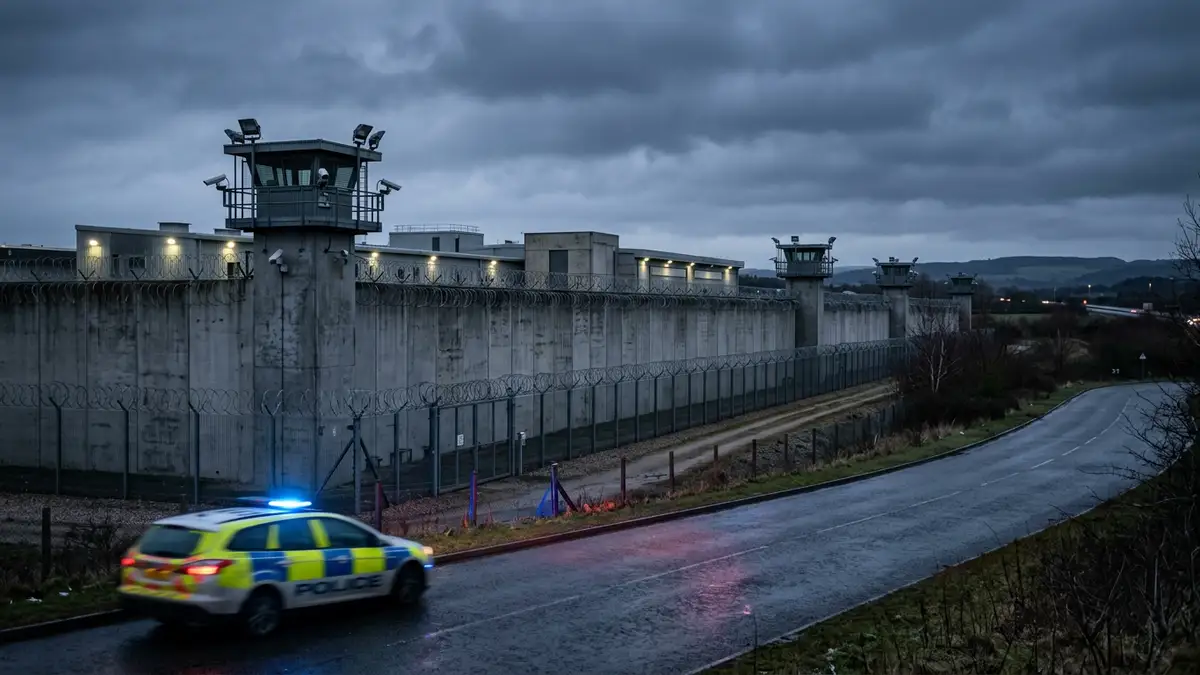 A high-security prison wall with razor wire under a grey morning sky.