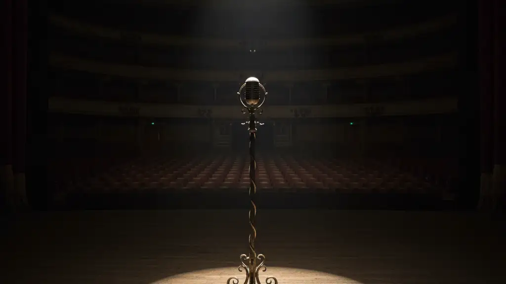 A lone microphone stand on an empty, dimly lit stage under a single spotlight.
