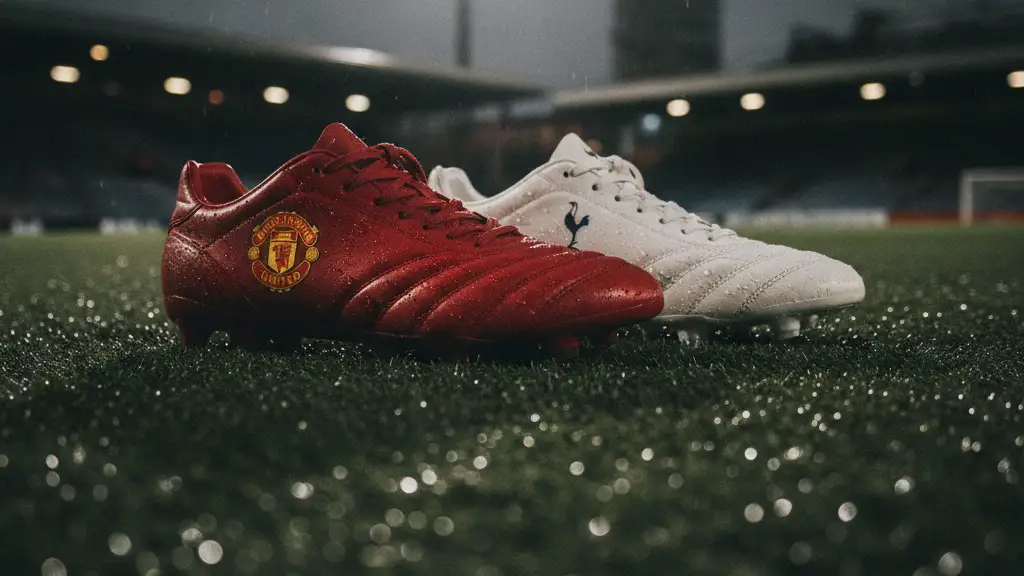 Football boots, one red, one white, on a wet pitch under stadium lights.