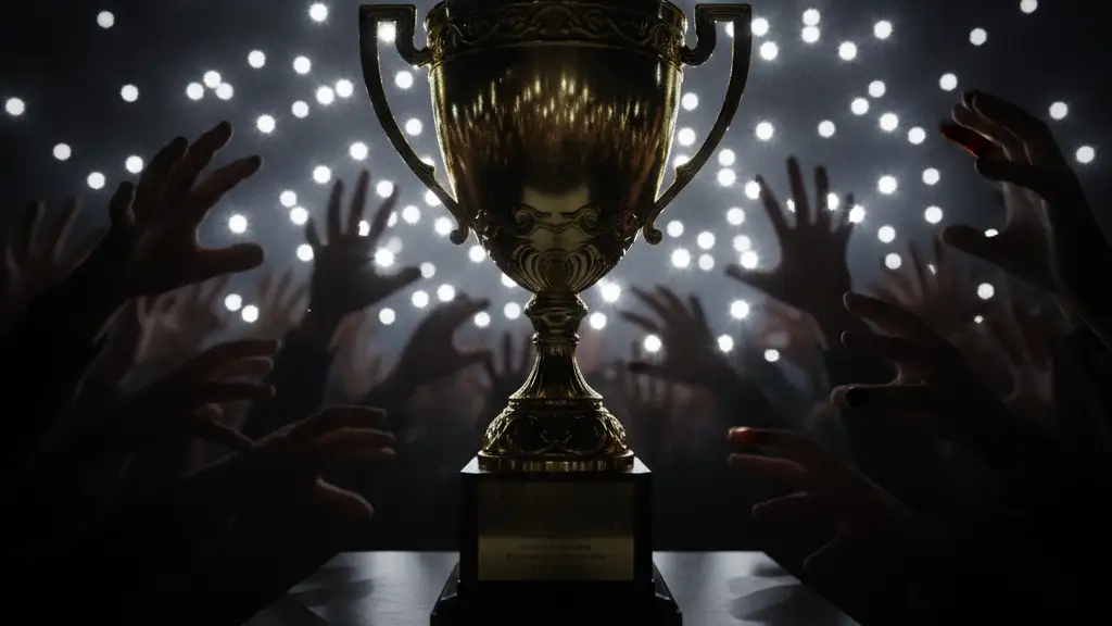 Golden trophy in foreground, blurred paparazzi flashes and silhouettes in background.