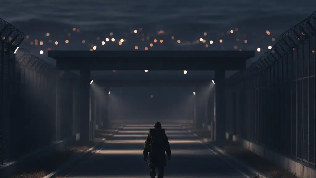 Silhouetted figure walking away from a border checkpoint at dusk, with distant city lights.