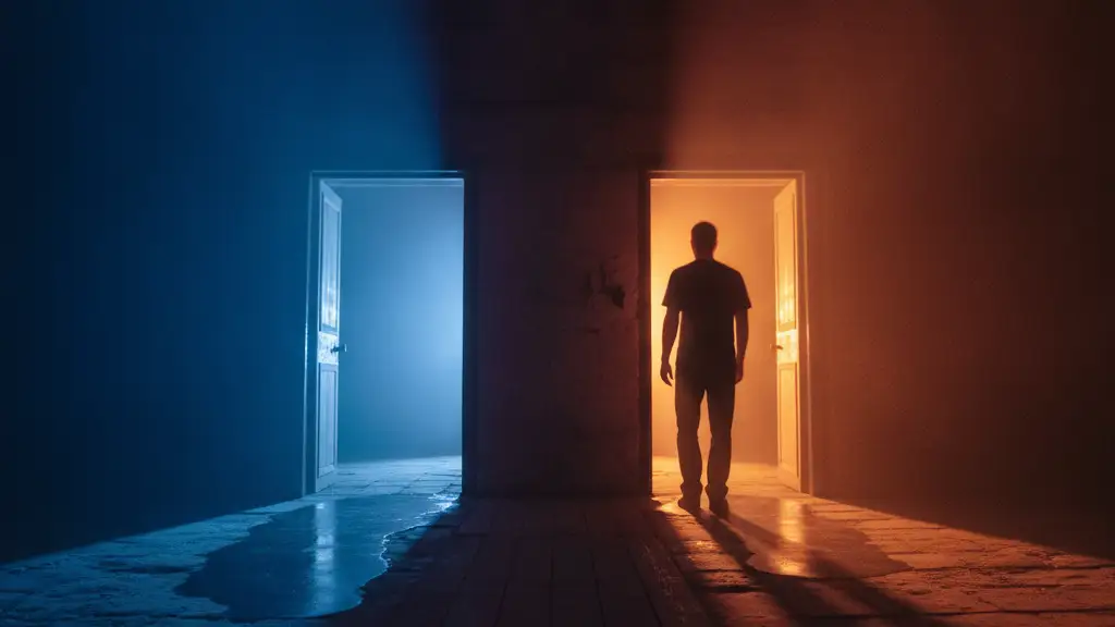 Blurred silhouette at two glowing doorways, symbolizing choice and division.