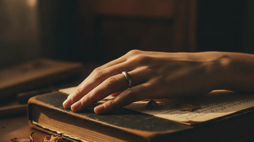 A woman's hand resting on an open journal, a ring on her finger.