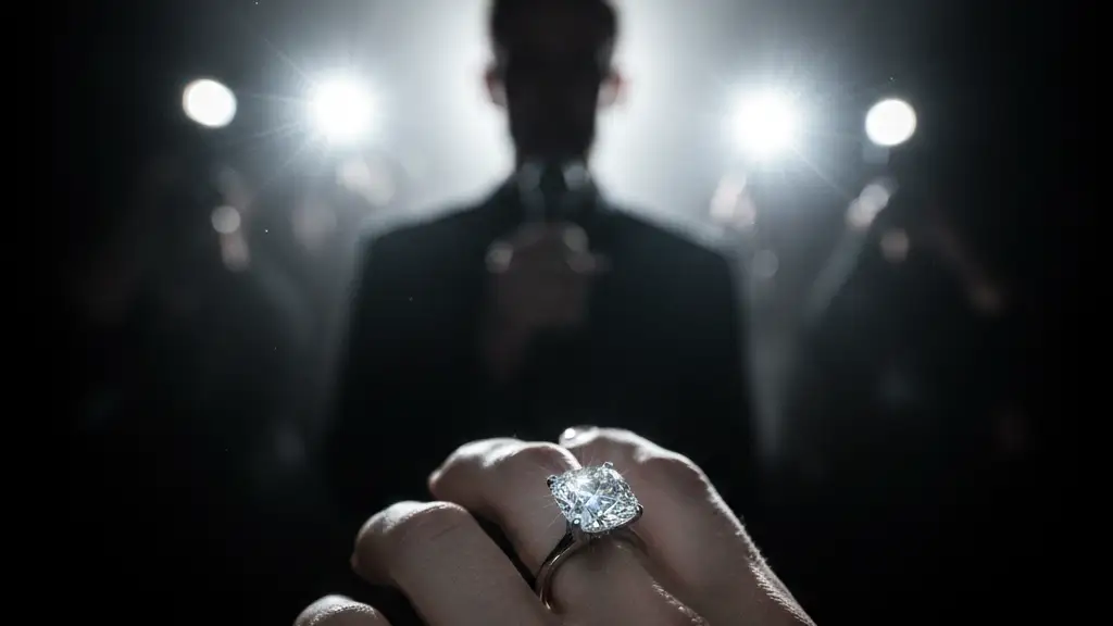 A hand with a diamond engagement ring, blurred silhouette of a person with microphone and paparazzi flashes.