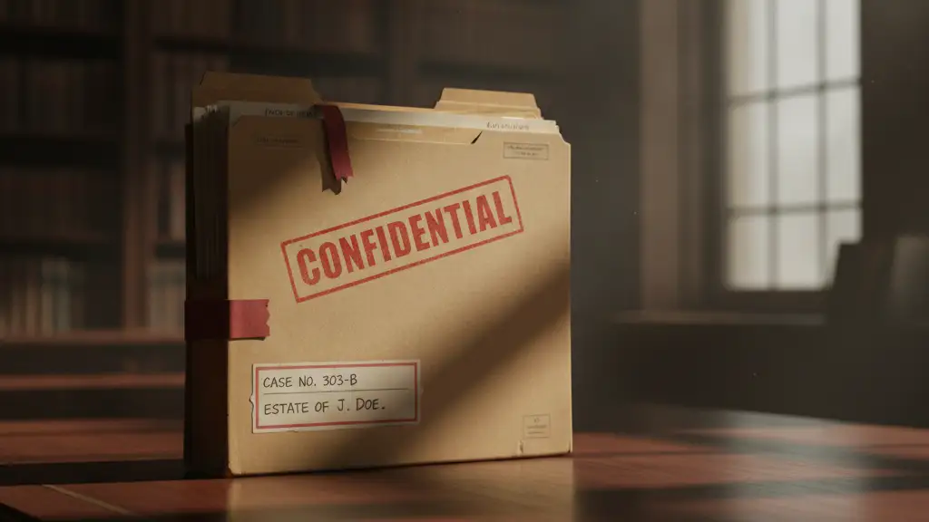 Confidential legal file folder on a mahogany desk, dramatic lighting.