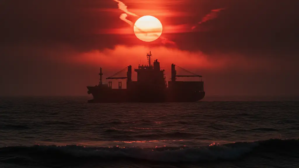 Silhouetted cargo ship against a fiery sunset over a turbulent sea.
