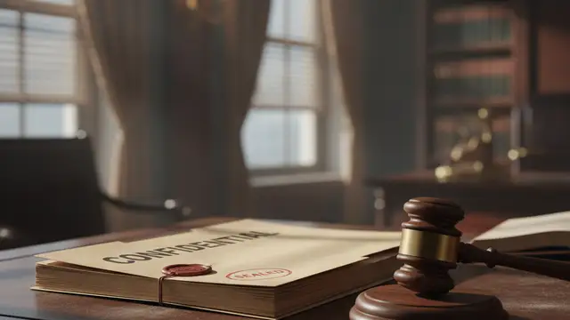 Confidential file and gavel on a dark desk, suggesting legal proceedings.