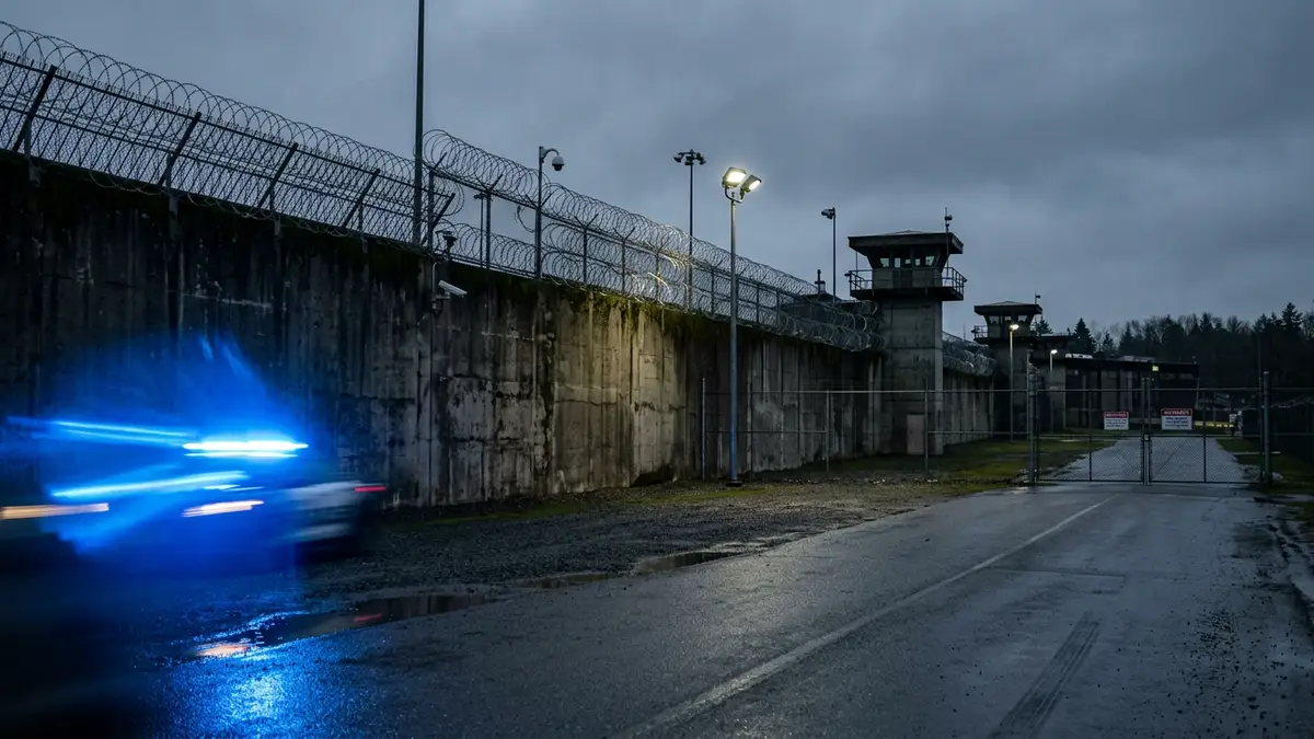 A high-security prison wall with razor wire under a grey sky at dusk.