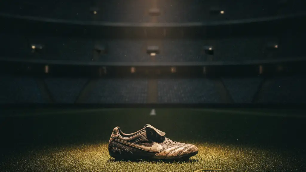 A single, scuffed football boot on a stadium pitch under a dramatic spotlight.