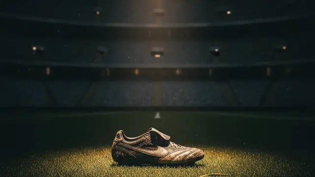 A single, scuffed football boot on a stadium pitch under a dramatic spotlight.