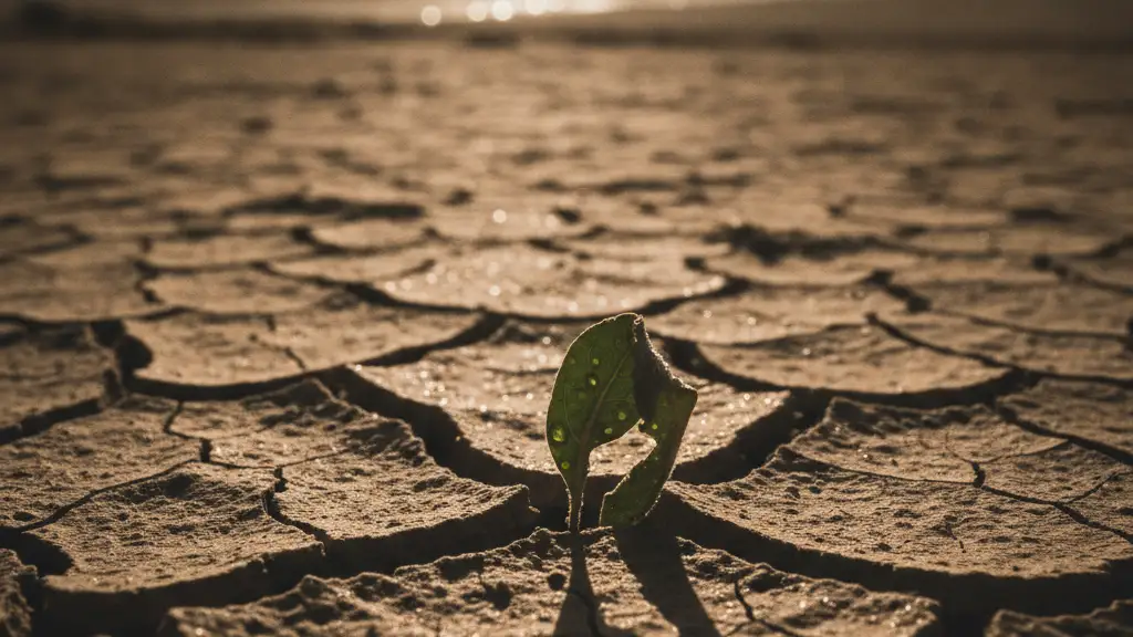 Close-up of severely cracked, dry earth with a single wilting green leaf.