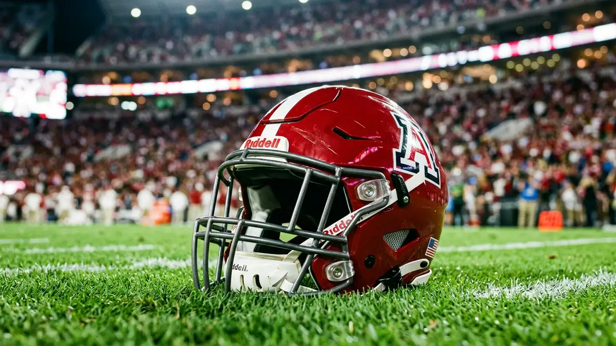 A professional football helmet rests on a green field under bright stadium lights.
