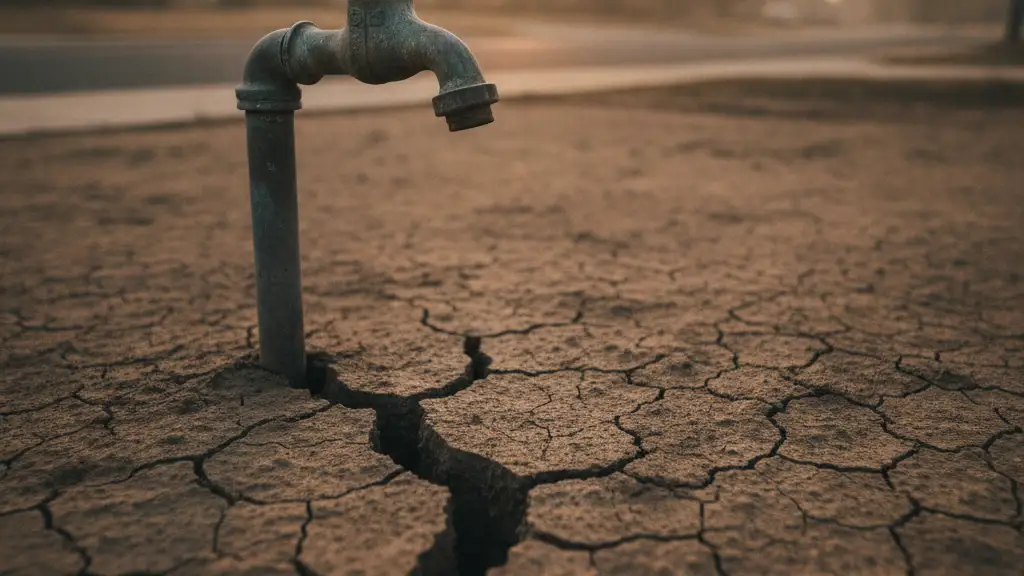 A dry brass water tap over cracked earth, symbolizing water shortage.
