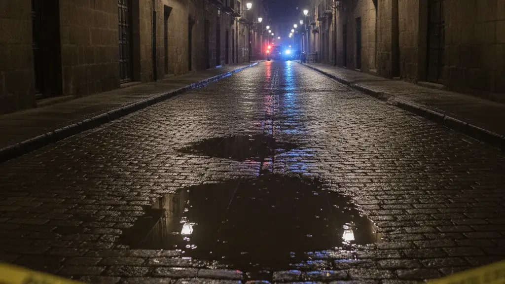 Cracked cobblestone street with emergency light reflections in a puddle.
