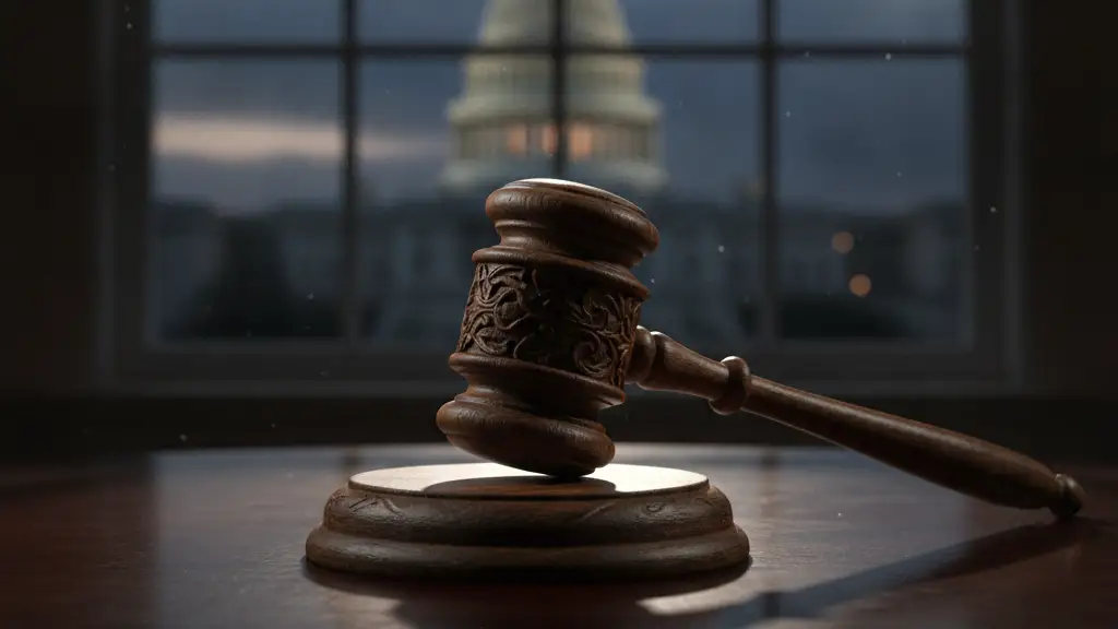 A heavy wooden gavel on a mahogany desk, with the US Capitol blurred in background.